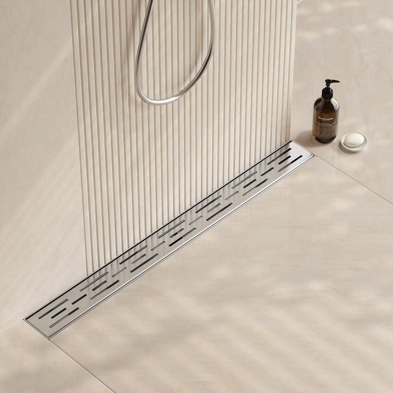 Neodrain 28 Inch Rectangular Linear Shower Drain with Brick Pattern Grate, Brushed 304 Stainless Steel Bathroom Floor Drain,Shower Floor Drain Includes Adjustable Leveling Feet, Hair Strainer - Image 1
